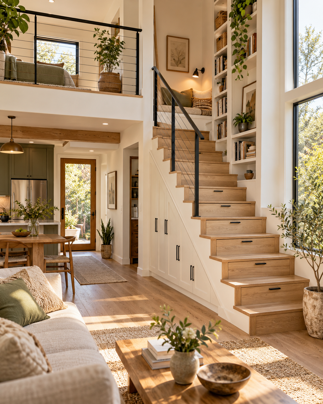 Oak staircase with storage drawers, under-stair cabinets, and a reading nook beside tall shelving