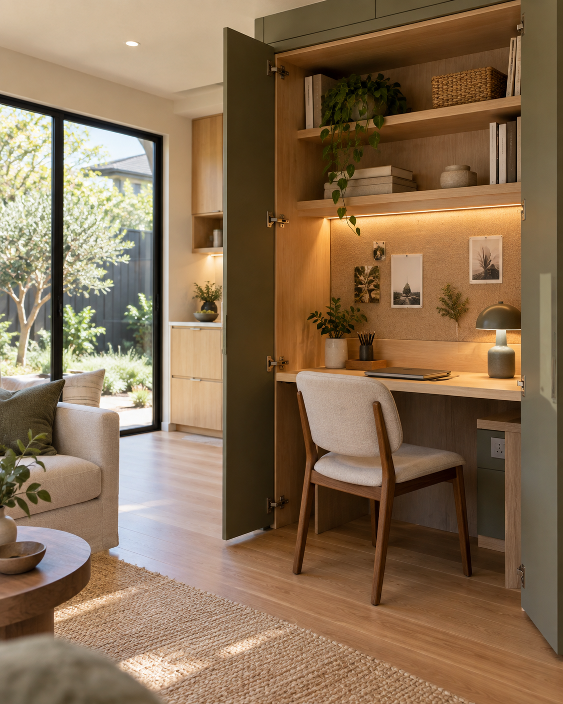 Closet office with a built-in desk, task lighting, shelves, and doors that close
