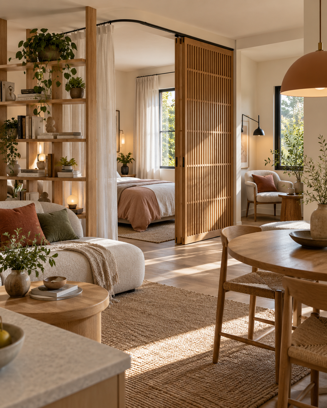 Sliding timber screen and curtains separating a sleeping space from the living area