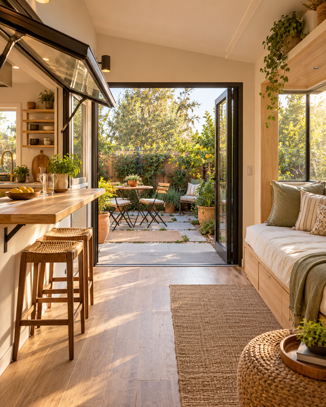 Open doors and a serving window connecting a compact interior to a garden patio