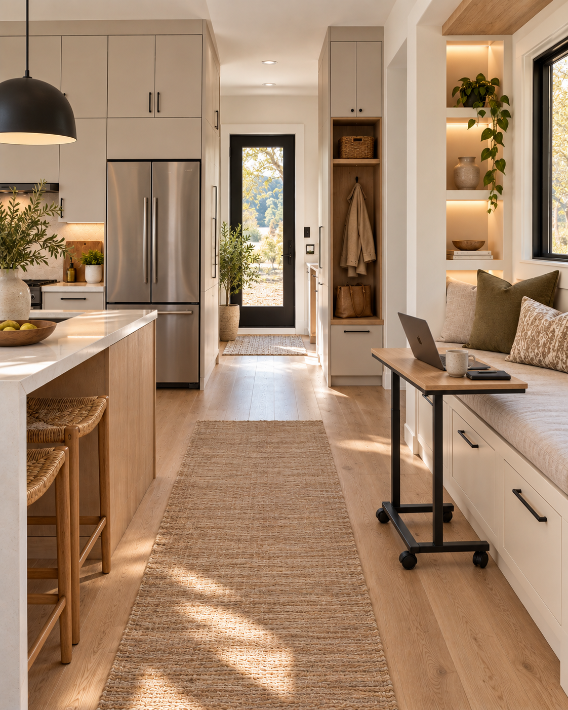 Compact kitchen with integrated cabinetry, entry storage, and a window-seat storage bench paired with a rolling laptop table