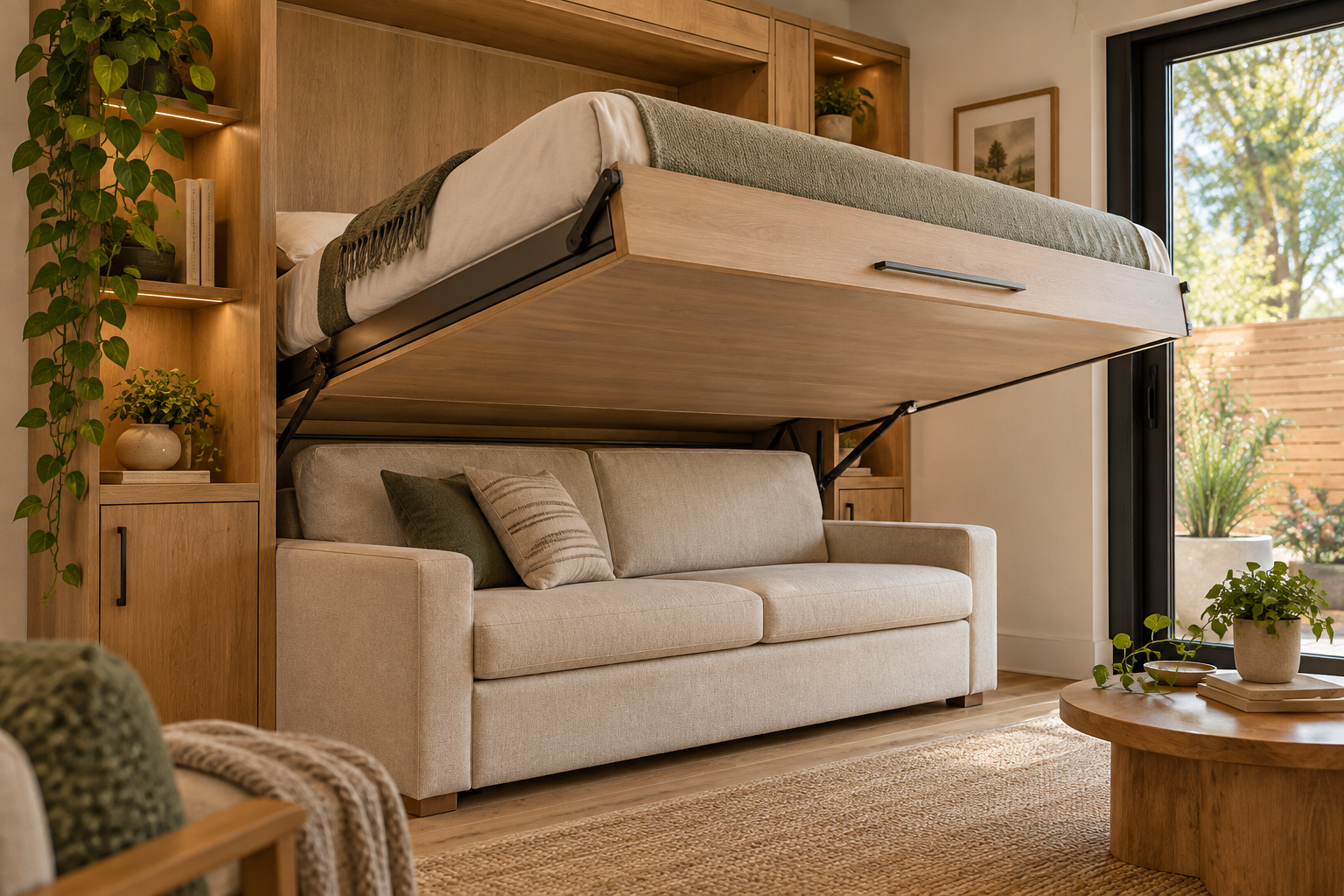 Wall bed with a sofa - illustrative concept