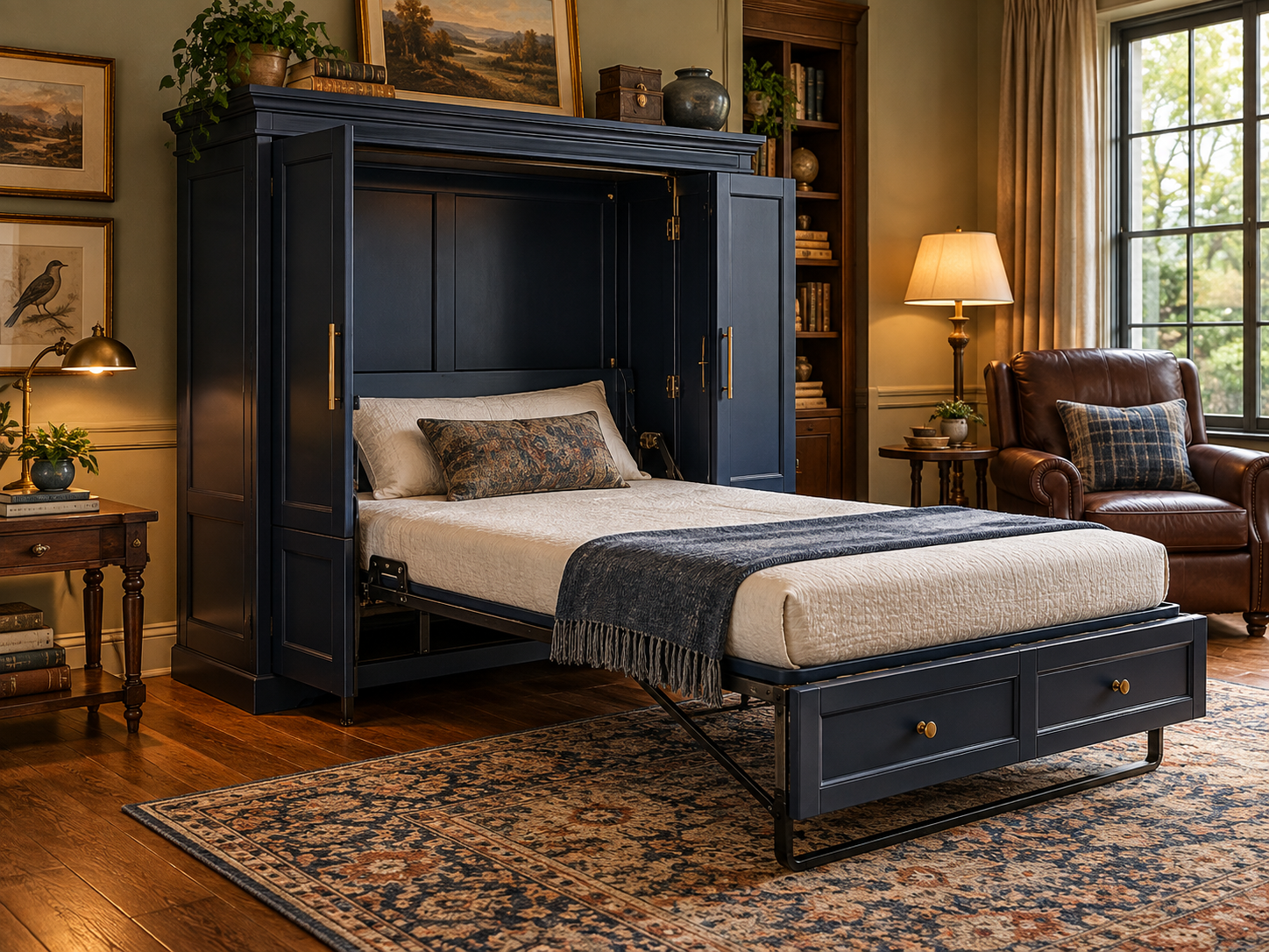 Dark cabinet bed opened for sleeping - illustrative concept