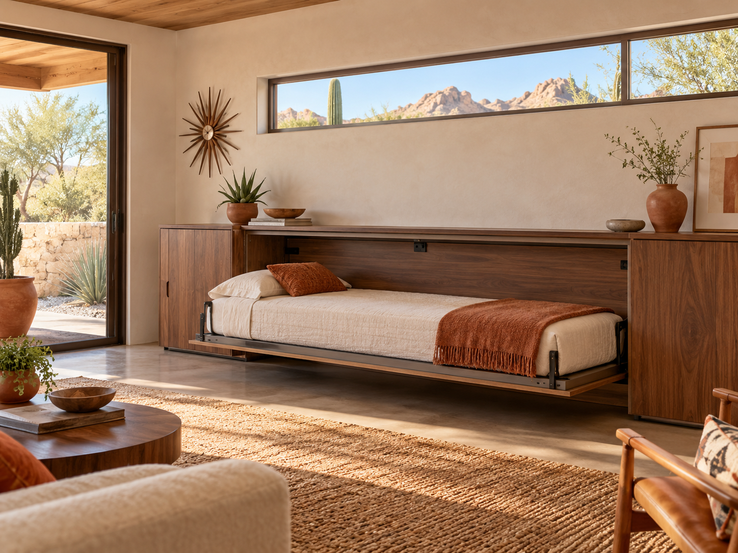 Horizontal wall bed in walnut cabinetry - illustrative concept