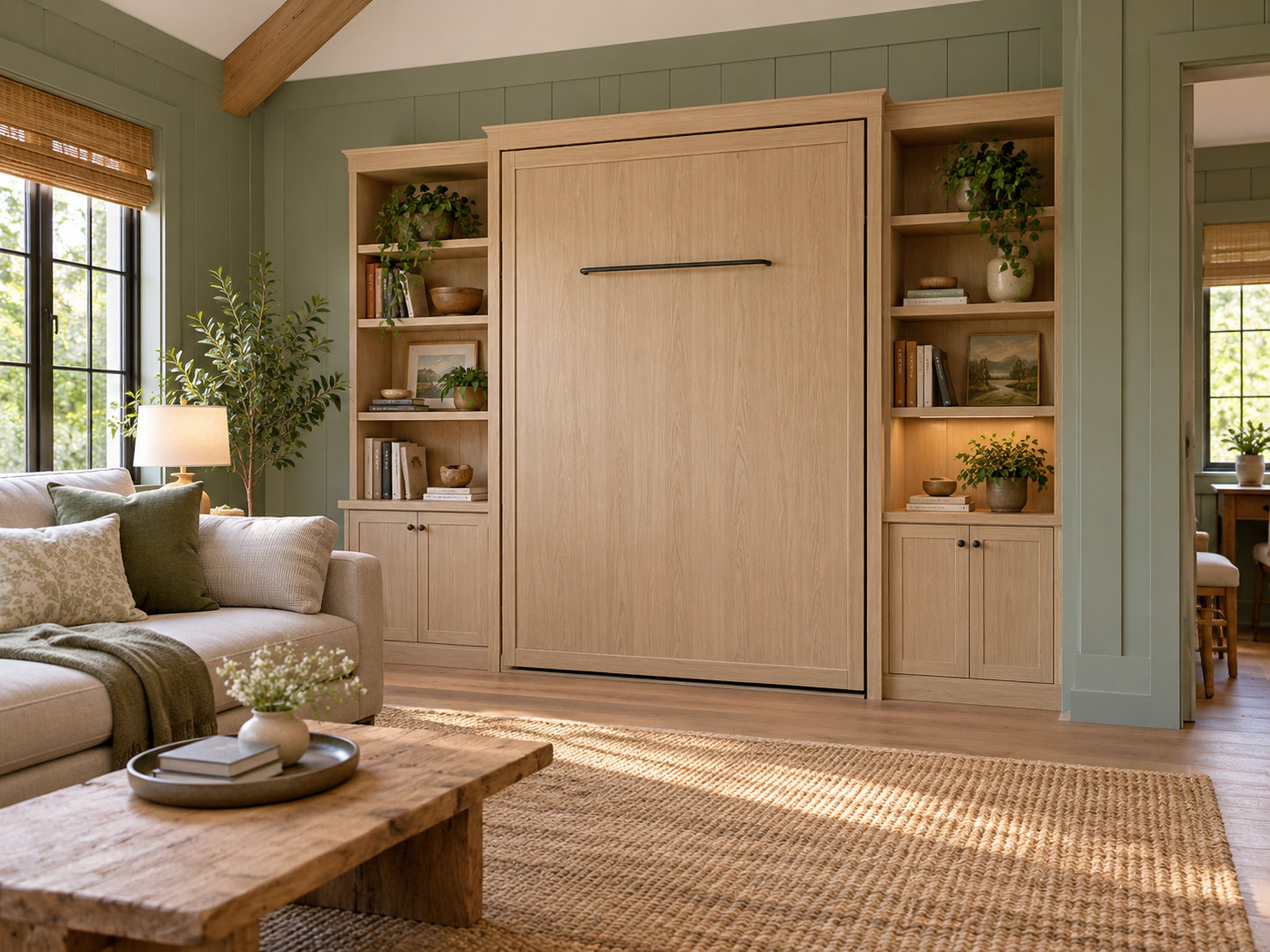 Closed oak Murphy bed with built-in shelves in a sage-green living room - illustrative concept