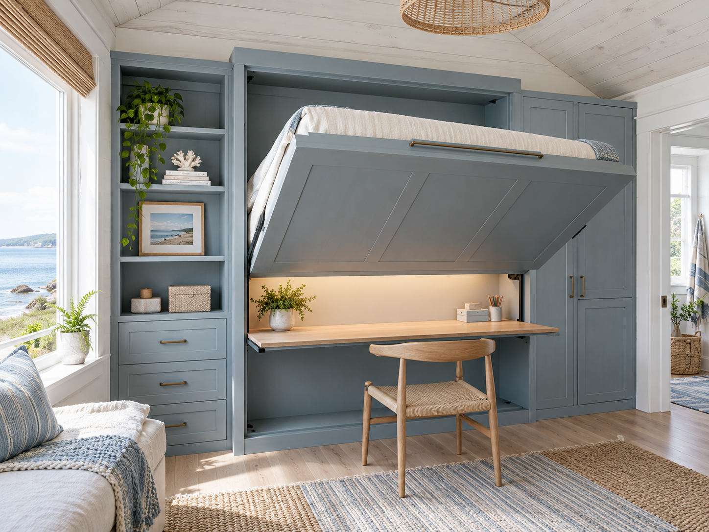 Blue wall bed with an integrated desk - illustrative concept