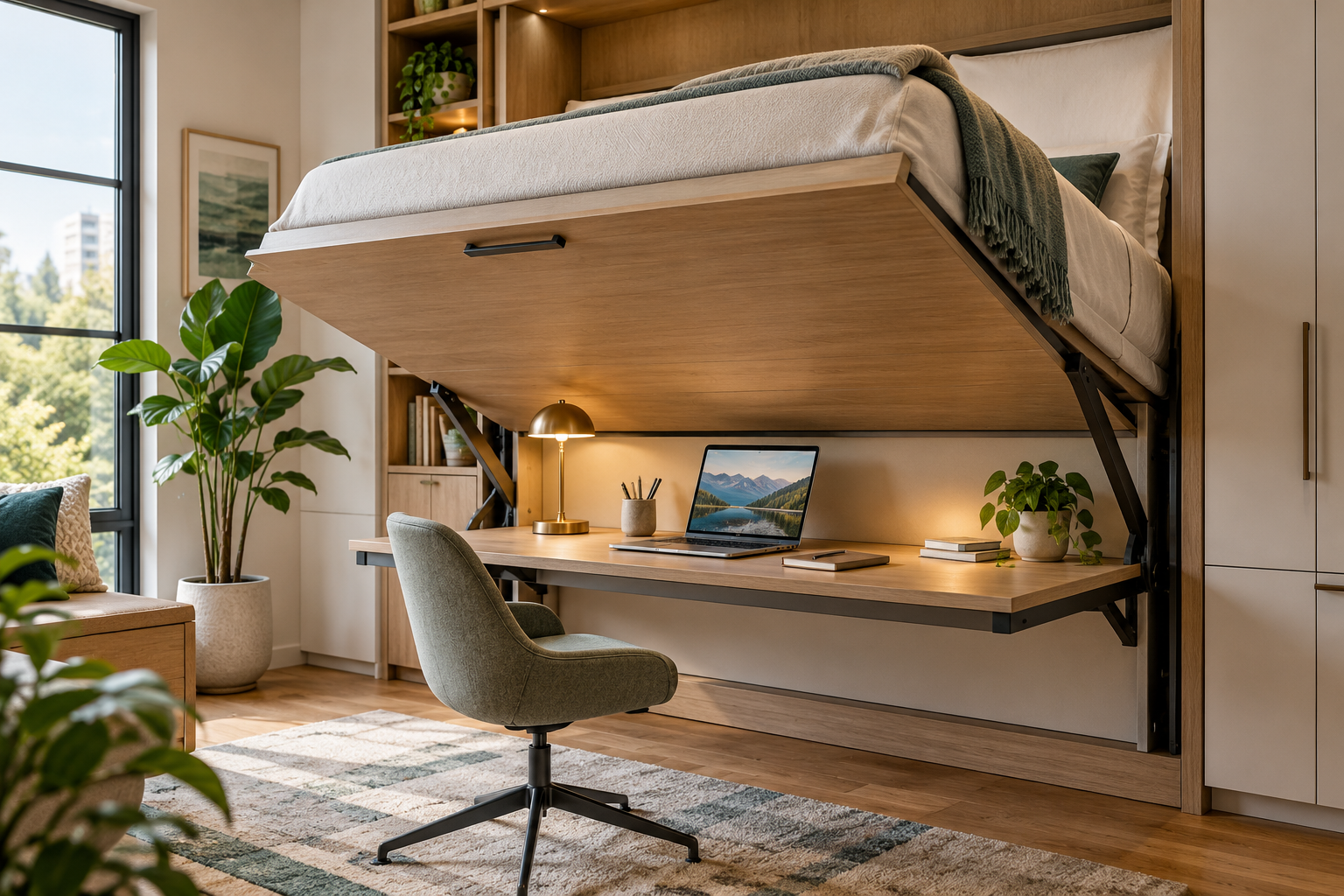 Oak wall bed above a home workspace - illustrative concept
