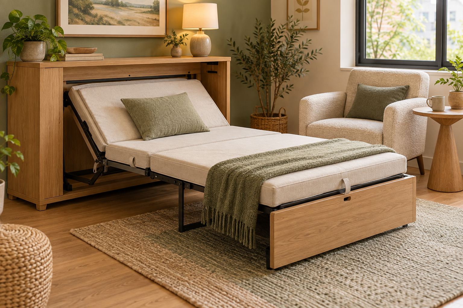 Compact cabinet bed with a folding mattress - illustrative concept