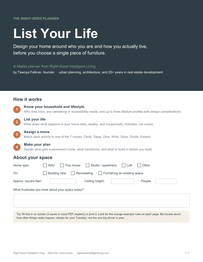 Preview of the List Your Life planner, with four planning steps and a space questionnaire